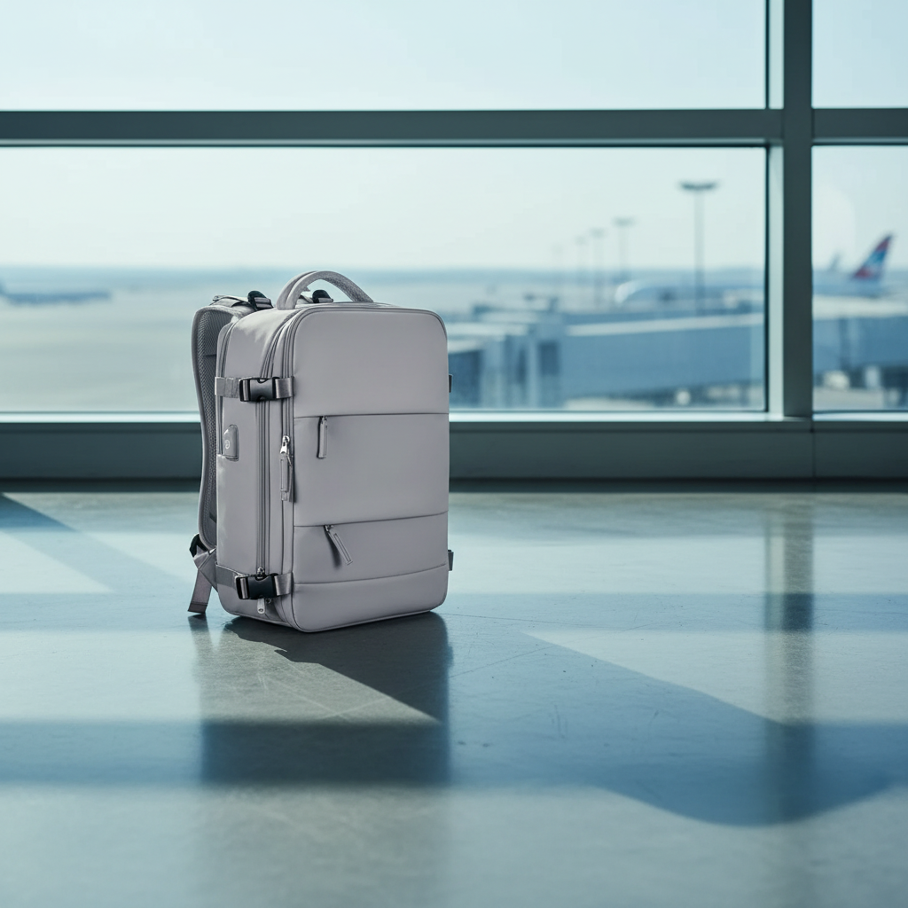 Mochila de viaje gris en la sala de embarque de un aeropuerto al amanecer