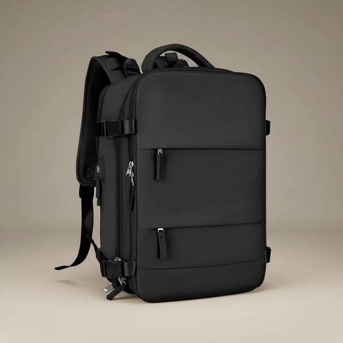 Mochila de viaje negra de 40 L, vista tres cuartos con correas de hombro acolchadas y hebillas de compresión