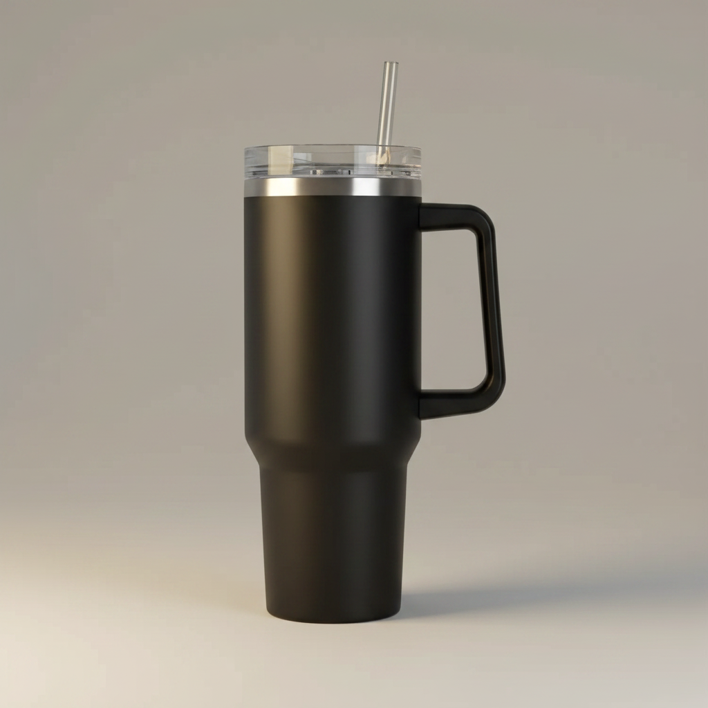 Termo negro mate con asa cuadrada, aro de acero, tapa giratoria y pitillo, sobre fondo neutro