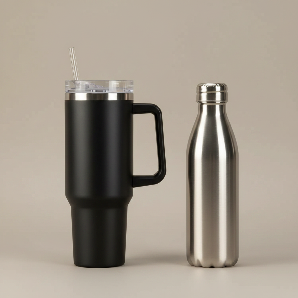 Termo negro junto a una botella de 500 ml para comparar el tamaño real