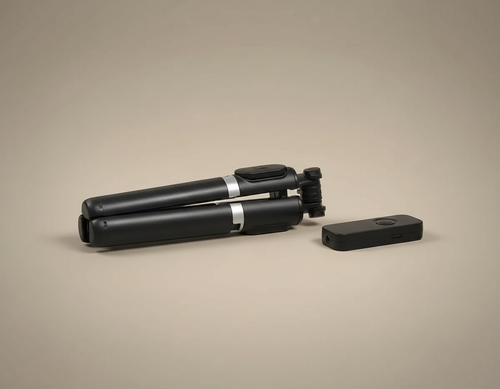 Trípode plegado del tamaño de un bolígrafo junto al control remoto Bluetooth que viene incluido