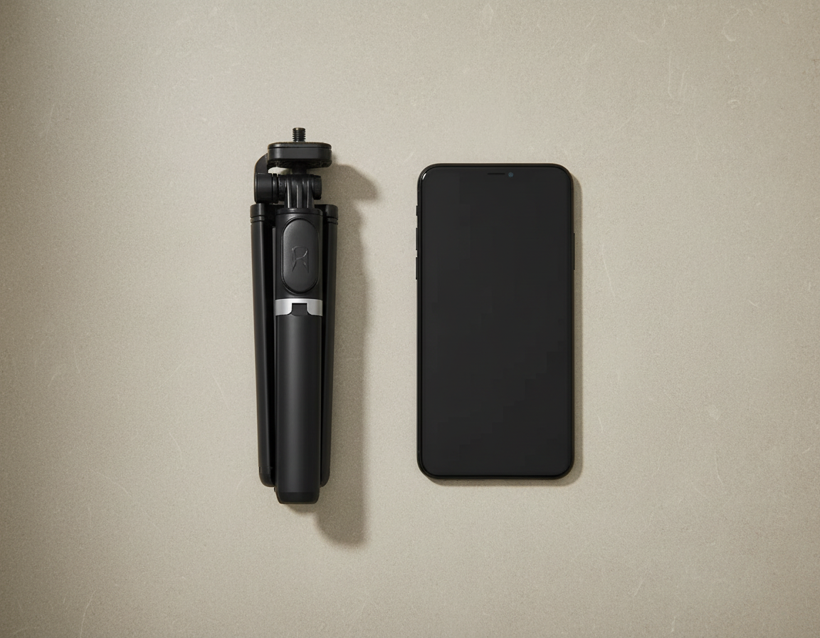 Trípode plegado junto a un celular para comparar el tamaño real